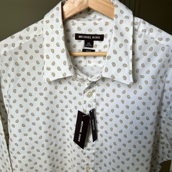 Michael Kors Men’s Slim Fit Stretch White/Tan Pattern Button Up Size XXL NWT $98 - Picture 4 of 13